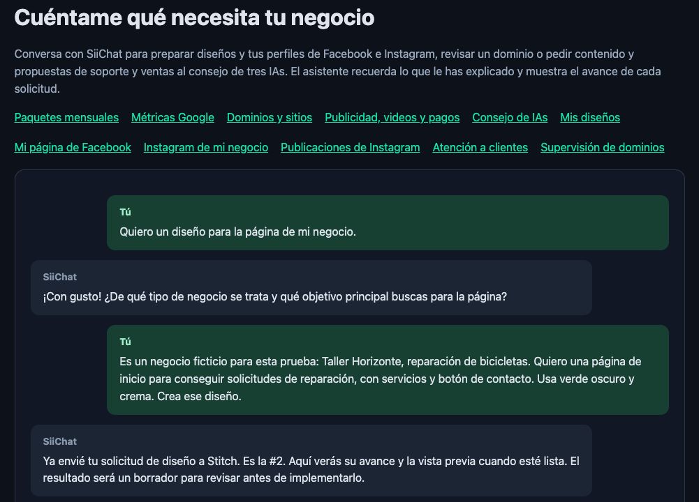 Captura real del asistente de SiiChat preparando una solicitud de diseño para el negocio ficticio Taller Horizonte